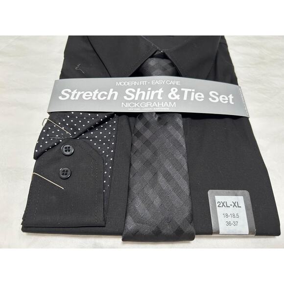 Nick Graham Mens Black Stretch Shirt Tie Set Modern Fit 2XL (18 - 18.5) 36/37 - Picture 4 of 5